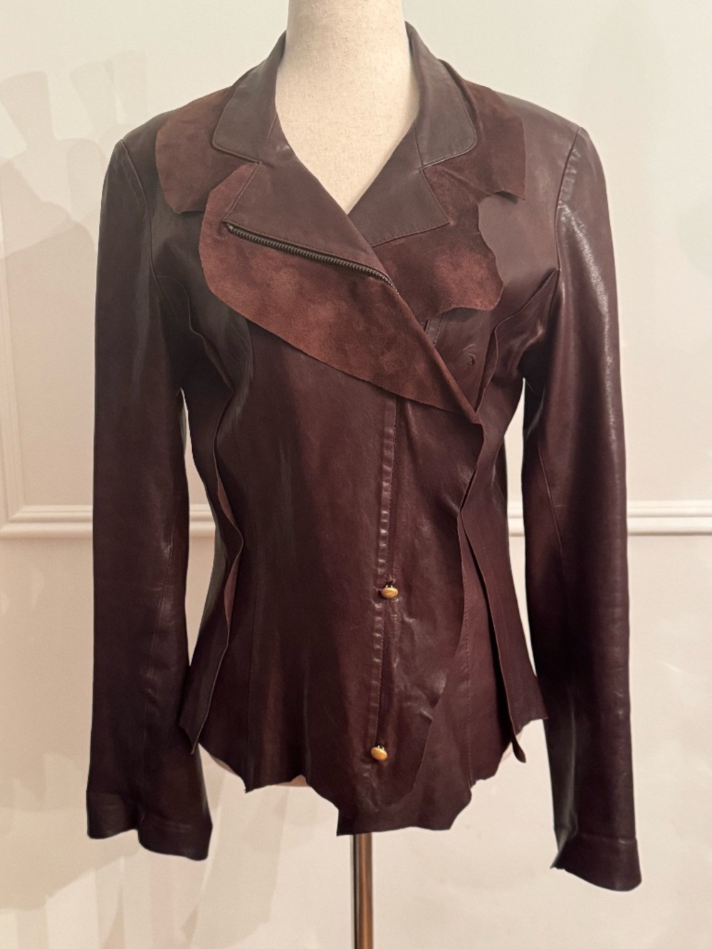 Vintage Roberto Cavalli Mainline 2002 Brown Leather Moto Jacket Suede Leopard 46